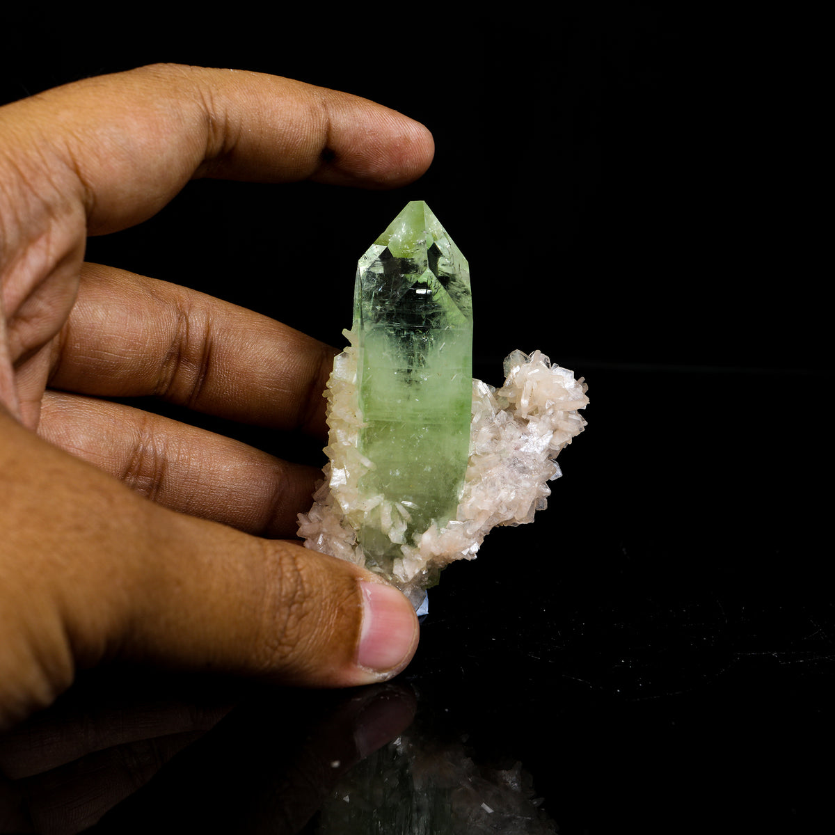Prismatic Gemmy Sharp Terminated Green Apophyllite Crystal Wrapped in Peach Stilbite - Collector’s Cabinet Specimen # B 7251