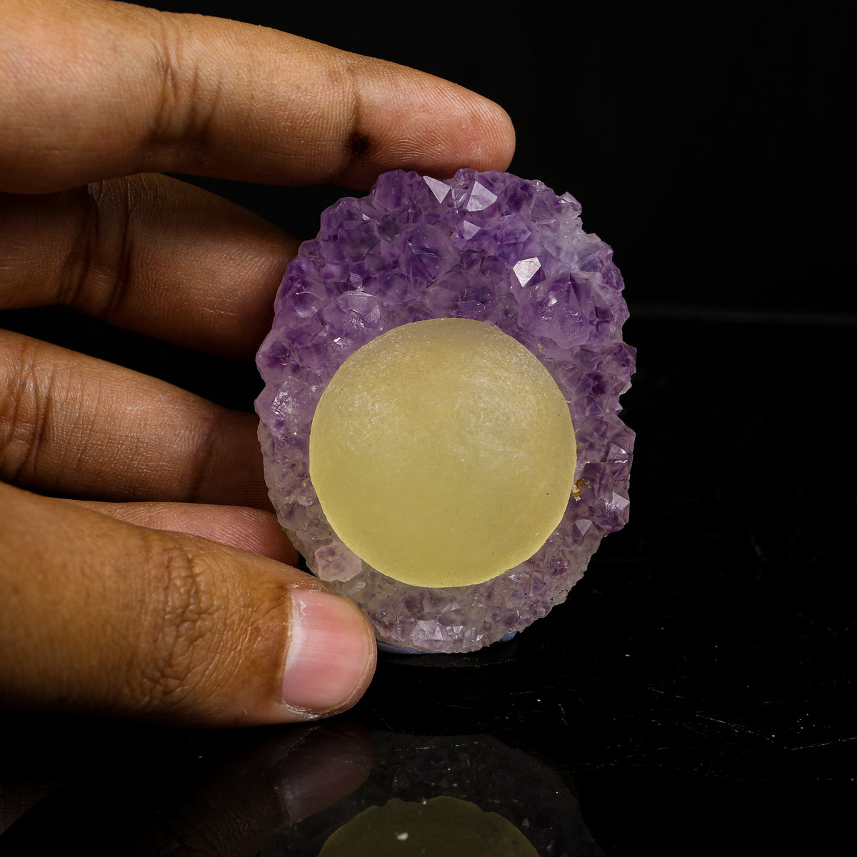 Rare Gemmy Yellow Botryoidal Fluorite Orb Centered on Vibrant Purple Amethyst Cluster - Collector’s Cabinet Specimen # B 7252