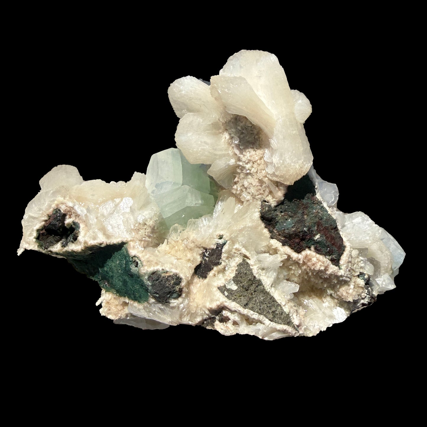 Green Apophyllite Crystal with Stilbite & Scolecite – Indian Zeolite Mineral from Nashik # DKT114