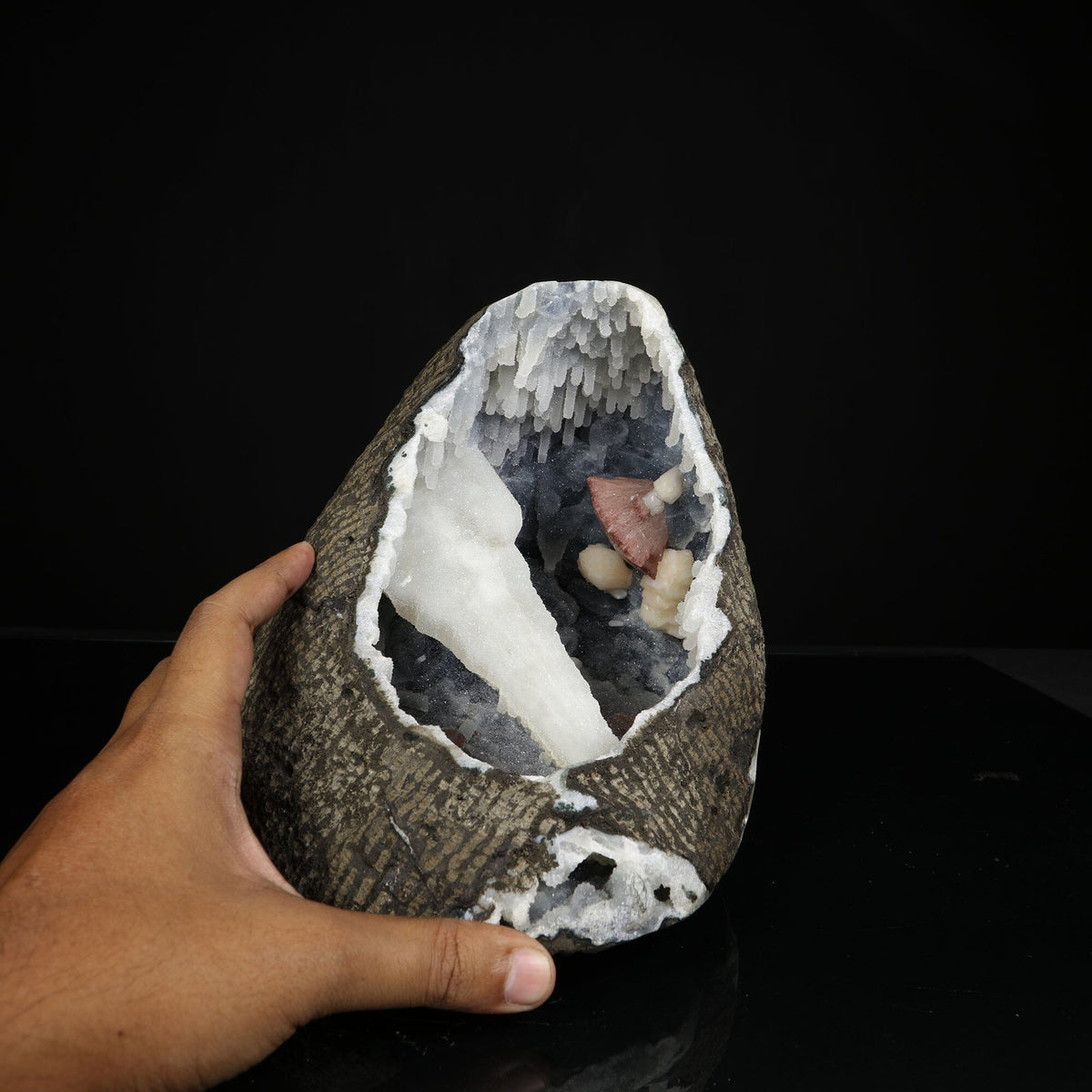 Gemmy Brown Heulandite with Coated Calcite Pillar & Chalcedony Stalactites in Natural Geode – Rare Zeolite Specimen # B 7241 Heulandite Superb Minerals