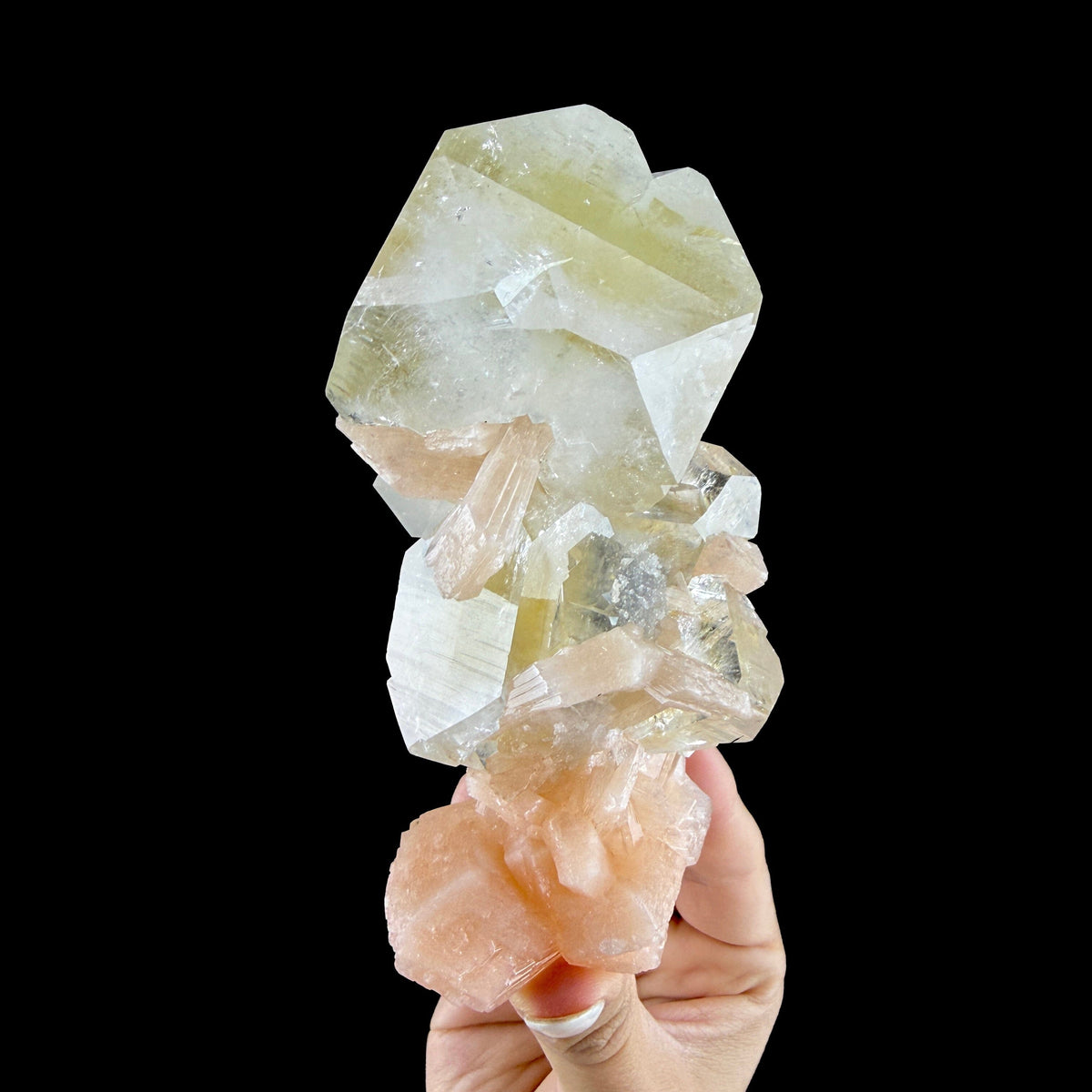 Green Apophyllite Crystal with Peach Stilbite - Collector’s Cabinet Specimen from Nashik, India # DKT165 Apophyllite Superb Minerals