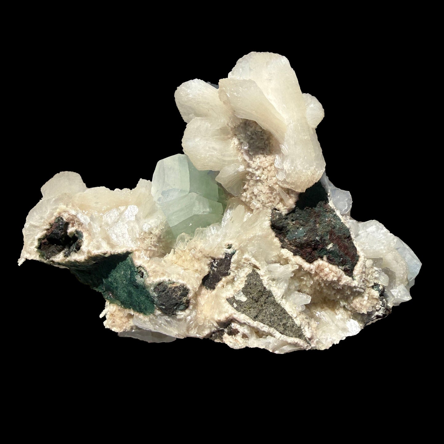 Green Apophyllite Crystal with Stilbite & Scolecite – Indian Zeolite Mineral from Nashik # DKT114 Apophyllite Superb Minerals