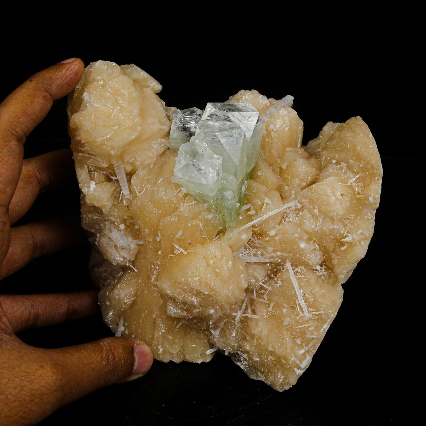Green Apophyllite with Scolecite on Stilbite – Premium Zeolite Mineral Specimen # B 7087