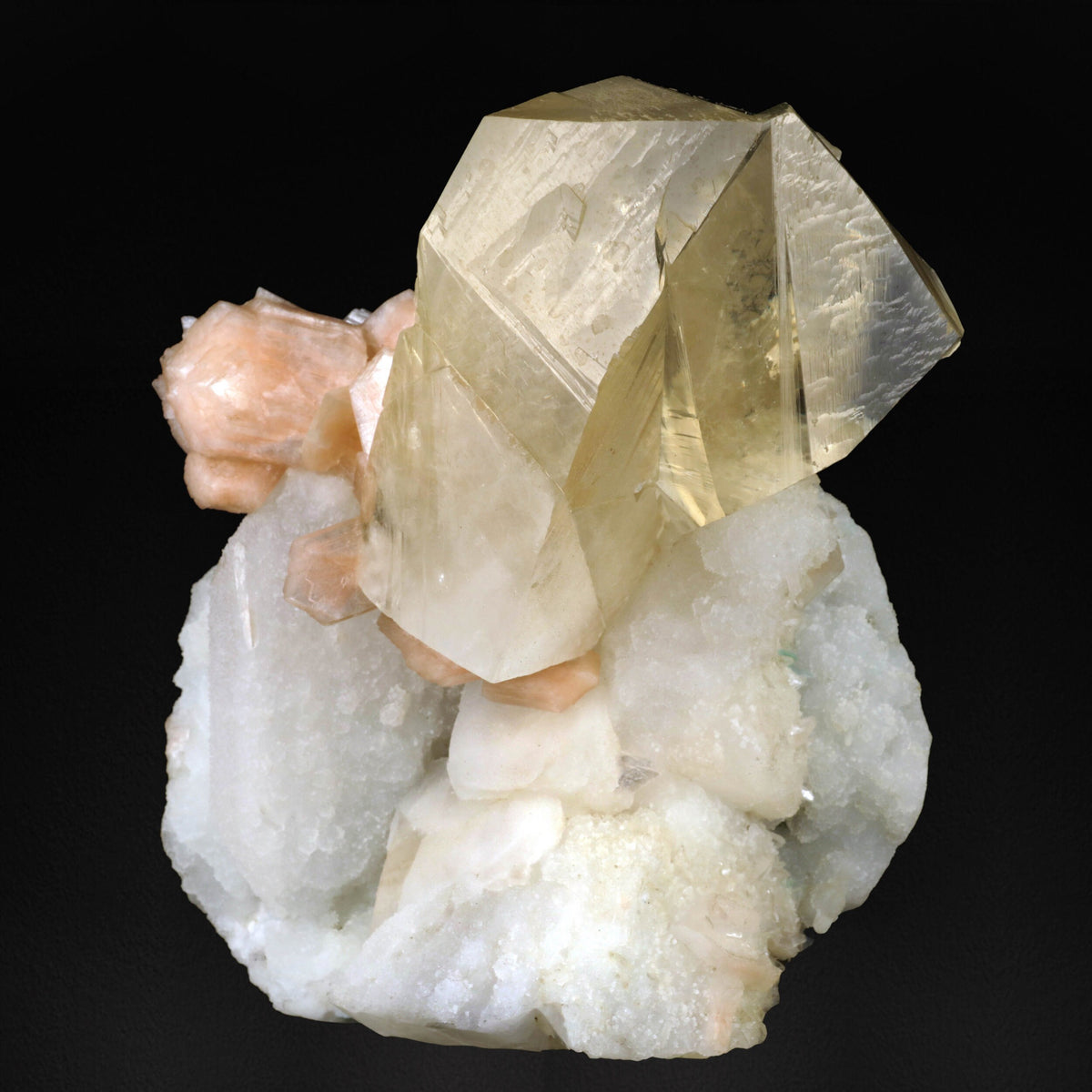 Golden Calcite Crystal with Stilbite on Chalcedony - #20T33