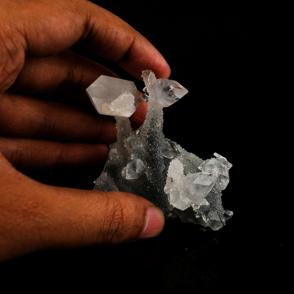 Apophyllite Crystals on Sparkling MM Quartz Stalactite Natural Mineral Specimen # B 6082