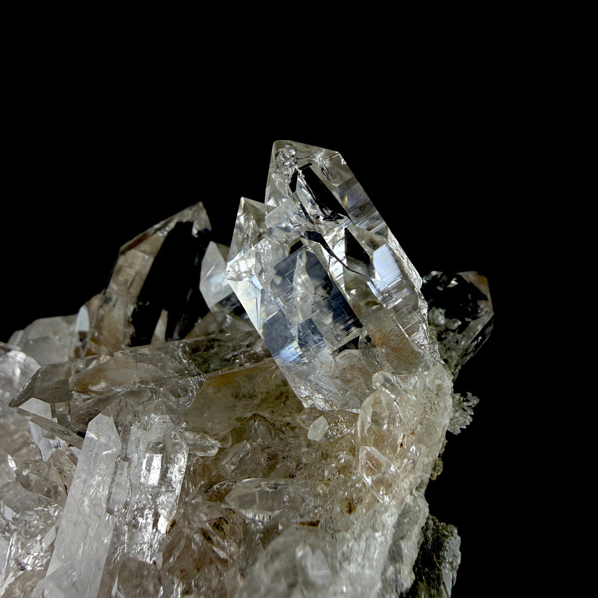 Lustrous Himalayan Clear Quartz Crystal Cluster with Chlorite Inclusions - Fine Cabinet Specimen from Himachal Pradesh, India # DKT201 Quartz Superb Minerals