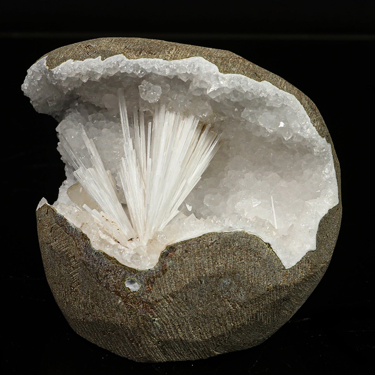 Scolecite in MM Quartz Geode Natural Mineral Specimen # B 6768 Scoleccite Superb Minerals 