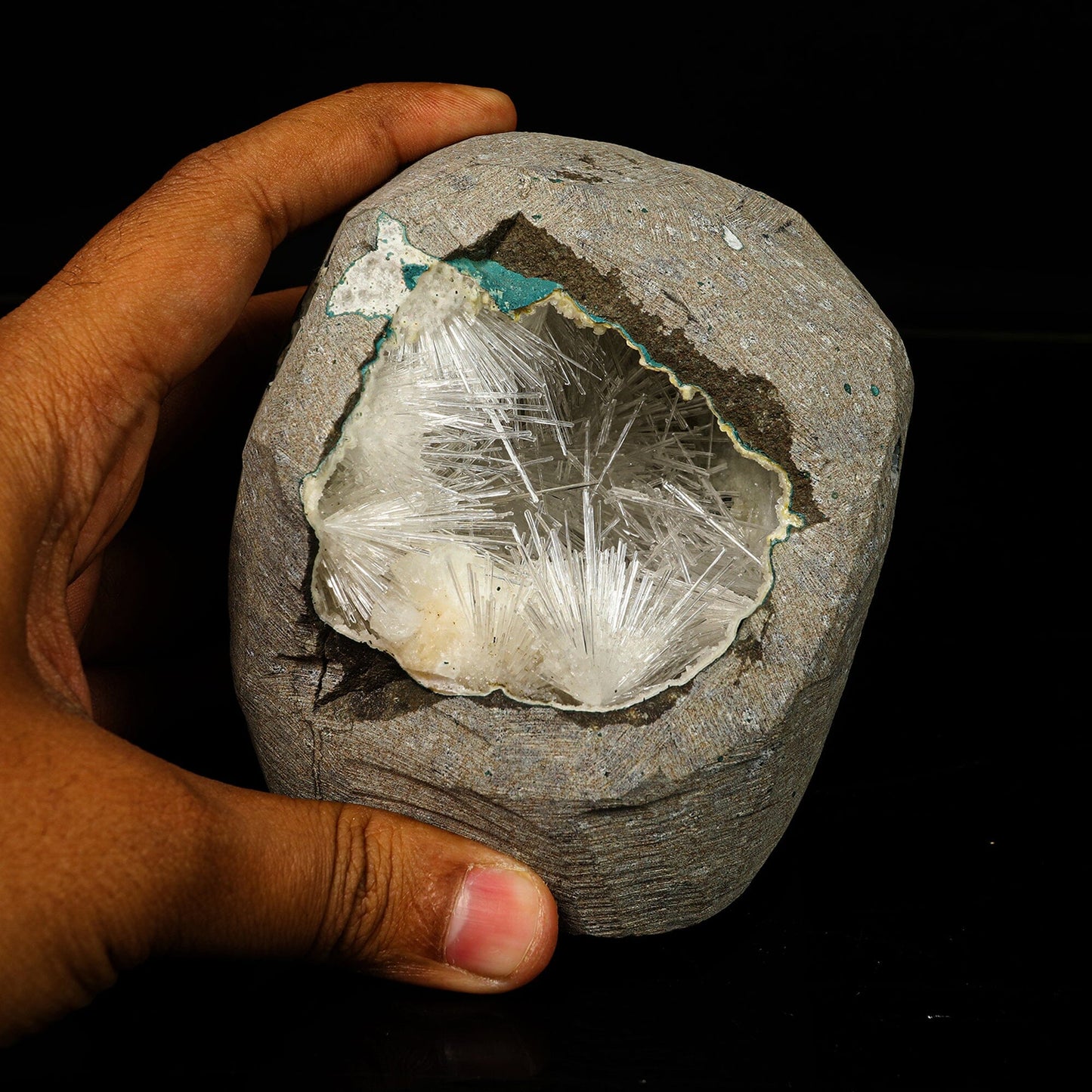 Scolecite Spray Inside Chalcedony Geode free standing Natural Mineral Specimen # B 6775 Scolecite Superb Minerals 