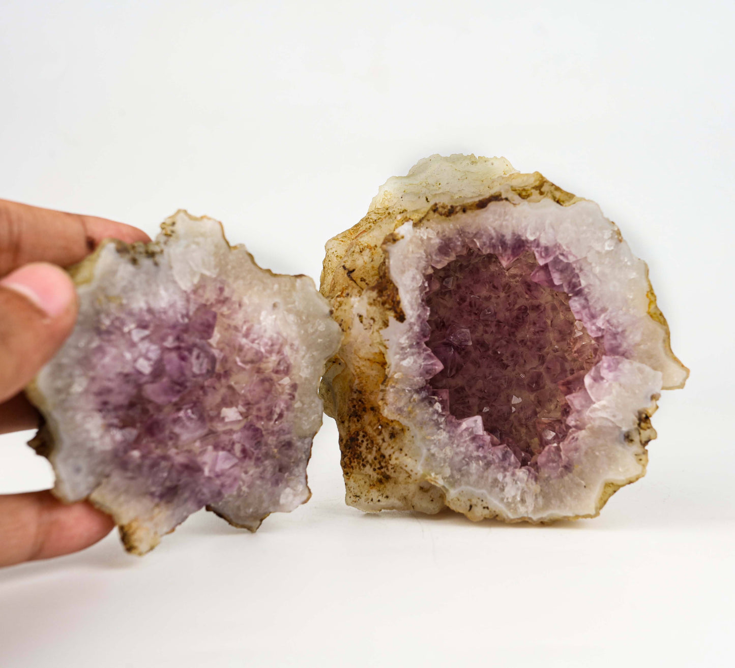 Amethyst Purple Crystals Geode (2 Halves ) Natural Mineral Specimen #… https://www.superbminerals.us/products/amethyst-purple-crystals-geode-2-halves-natural-mineral-specimen-b-4936 Features: An extremely stylish piece highlighting two parts of an Amethyst Geode. The Amethyst crystals are on a Quartz which itself is on layers of clear, dark/blue Chalcedony. The tone, shine and differentiation is astonishing. Furthermore, to see two coordinated parts showed is an eye-catcher.