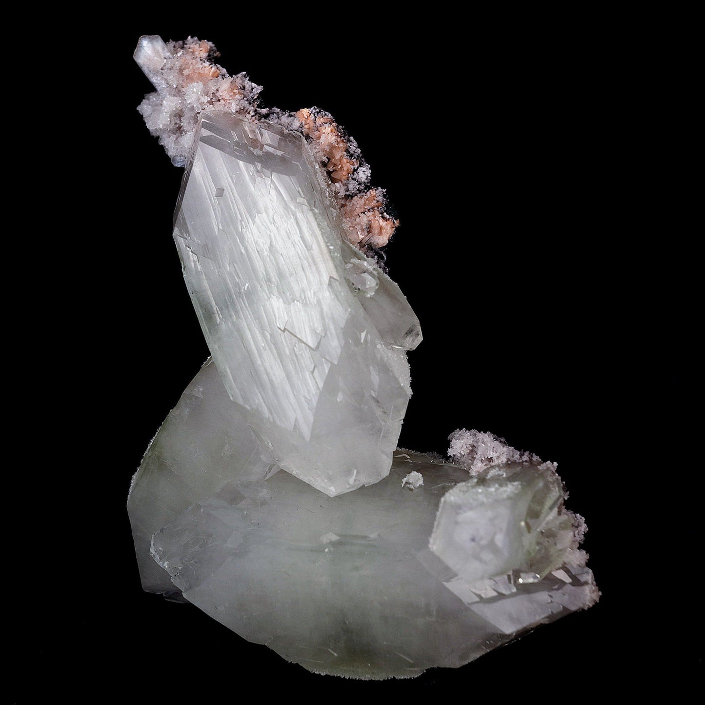 Apophyllite Terminated Trio Crystals Natural Mineral Specimen # B 4159 https://www.superbminerals.us/products/apophyllite-terminated-trio-crystals-natural-mineral-specimen-b-4159 Features:This unusually large and heavy colorless Apophyllite displays amazing luster and nice twinned crystals. The piece exhibits glassy faces with good clarity and is complete all the way around. This amazing piece displays gorgeous adamantine luster, which is uncommon among most minerals