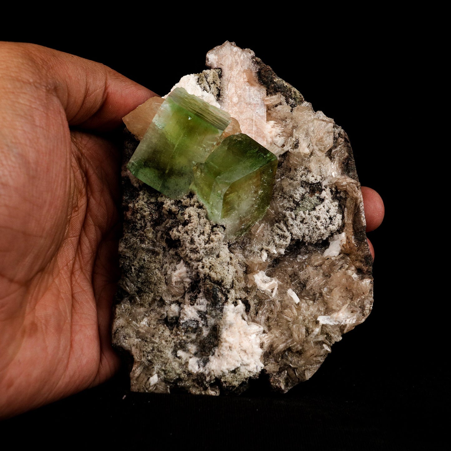 Bi-colored Fluorapophyllite and Stilbite Natural Mineral Specimen # B… https://www.superbminerals.us/products/bi-colored-fluorapophyllite-and-stilbite-natural-mineral-specimen-b-5084 Features: A striking, large blocky, color-zoned apophyllite crystal aesthetically flanked by similar smaller crystals dramatically highlights this impressive large mounded combination from recent finds in Jalgaon. The glassy, translucent tetragonal apophyllites have rich mint-green centers and colorless terminations