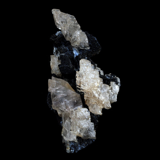 Calcite on Black Chalcedony Natural Mineral Specimen # B 3962  https://www.superbminerals.us/products/calcite-on-black-chalcedony-natural-mineral-specimen-b-3962  Features Calcite complex crystal rough and edgy formations two pairs all set on a matrix of black, stalactitic Chalcedony. It’s just an amazing piece – the clarity, contrast, symmetry and combination is top notch. In excellent condition. Primary Mineral(s):  Calcite Secondary Mineral(s): N/AMatrix: Chalcedony