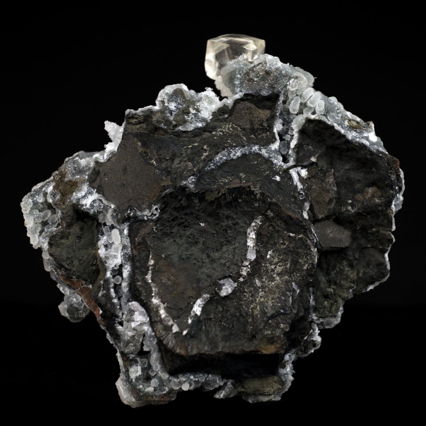 Calcite with Apophyllite Crystals on Black Chalcedony Natural Mineral Specimen # B 4455 Apophyllite Superb Minerals