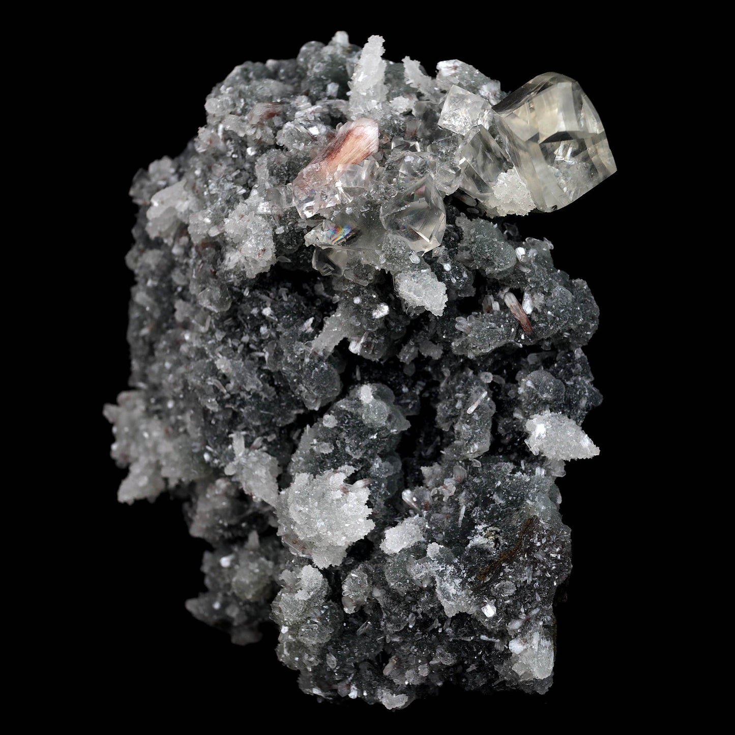 Calcite with Apophyllite Crystals on Black Chalcedony Natural Mineral Specimen # B 4455 Apophyllite Superb Minerals