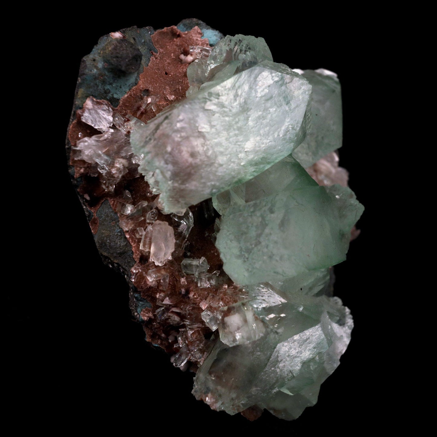 Fluorapophyllite Bi-colored and Stilbite on Chalcedony Natural Mineral… https://www.superbminerals.us/products/fluorapophyllite-bi-colored-and-stilbite-natural-mineral-specimen-b-4787 Features: Material with a striking, massive, and sculptural 3-dimensional matrix combination.The item is dominated by two-toned, mint-green and off-white, glossy, translucent, blocky tetragonal apophyllite crystals with satin lustre faces.The huge blocky interior crystal and the magnificent isolated crystal on the edge