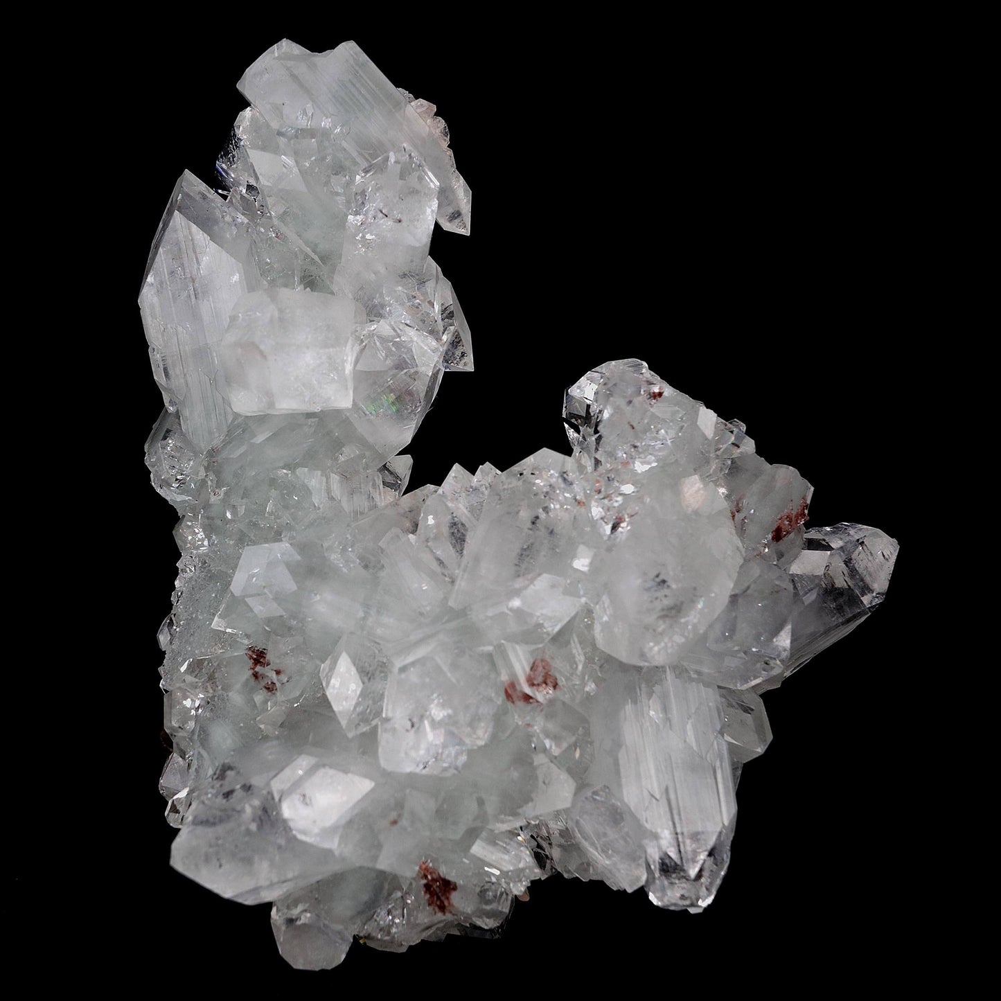 Gemmy Terminated Apophyllite Cluster Natural Mineral Specimen # B 4219 https://www.superbminerals.us/products/gemmy-terminated-apophyllite-cluster-natural-mineral-specimen-b-4219 Features:Fantastic doubly terminated colorless, very glassy, tetragonal apophyllite crystals with striking water-clear, gem, highly modified pinacoidal terminations around translucent bodies are dramatically stacked to form a stunning architectural stalactite from Jalgaon. The crowning crystal is bit long.