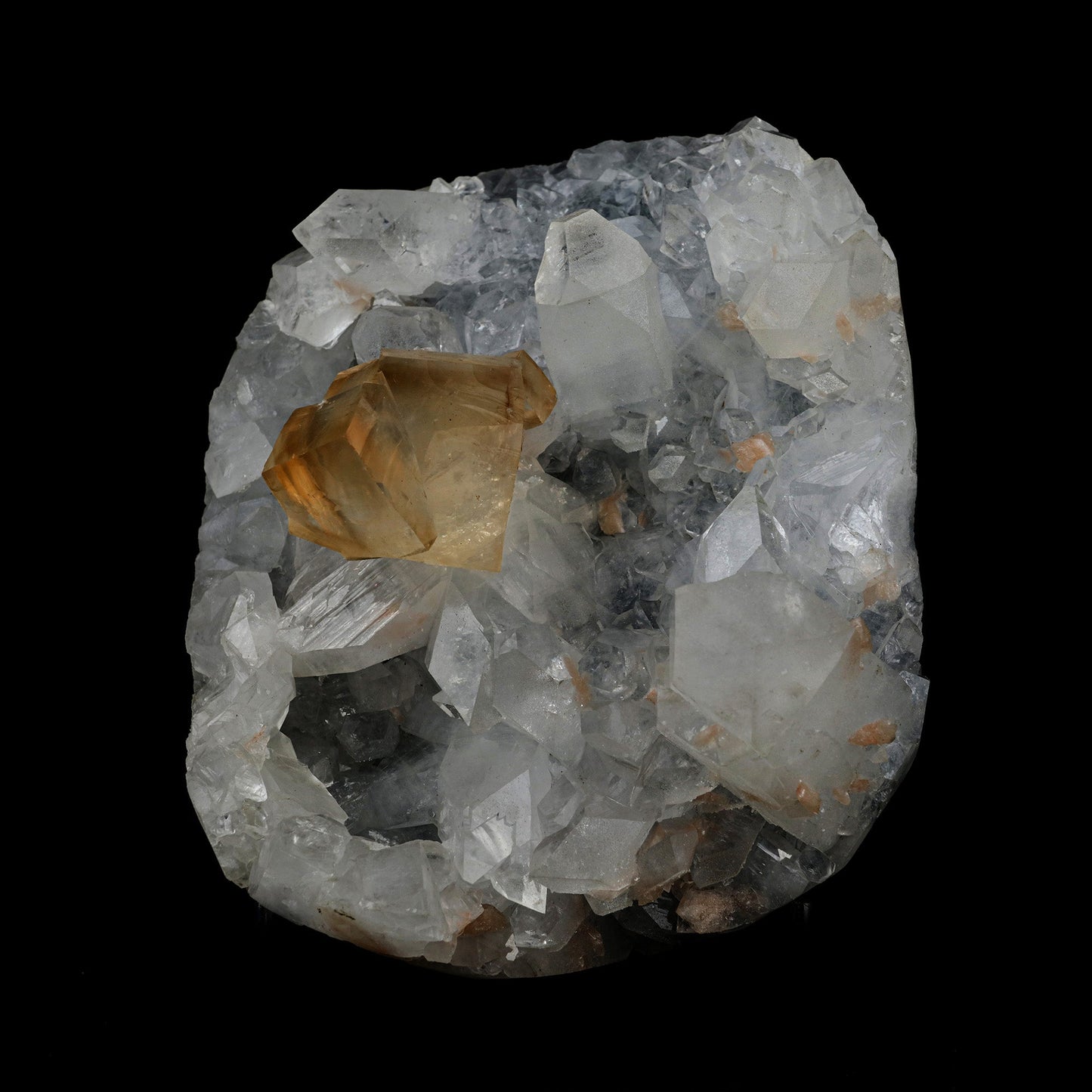Golden Calcite with Apophyllite Natural Mineral Specimen # B 5170 https://www.superbminerals.us/products/golden-calcite-with-apophyllite-natural-mineral-specimen-b-5170 Features: An extremely aesthetic piece that features a matrix Coated Calcite hosting a couple of complex, lustrous, water clear Calcite crystal with intersecting, perfectly formed pink-orange Stilbite crystals. The crystal formation, color, contrast, luster and symmetry are amazing! It also stands on its own. In excell