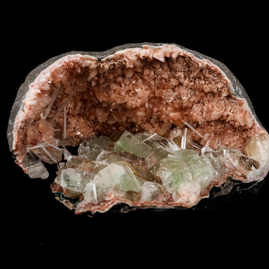 Green Apophyllite Crystals Inside Heulandite Geode Natural Mineral Spe…  https://www.superbminerals.us/products/green-apophyllite-crystals-inside-heulandite-geode-natural-mineral-specimen-b-5254  Features: This beautiful display specimen is a feast of color, texture, and reflections of light. Apophyllite crystals have a high luster on their sides, which contrasts beautifully with their flat, pearl-like terminations. Several acicular sprays of colorless to white, satin and Scolecite. Through the Apophyllite