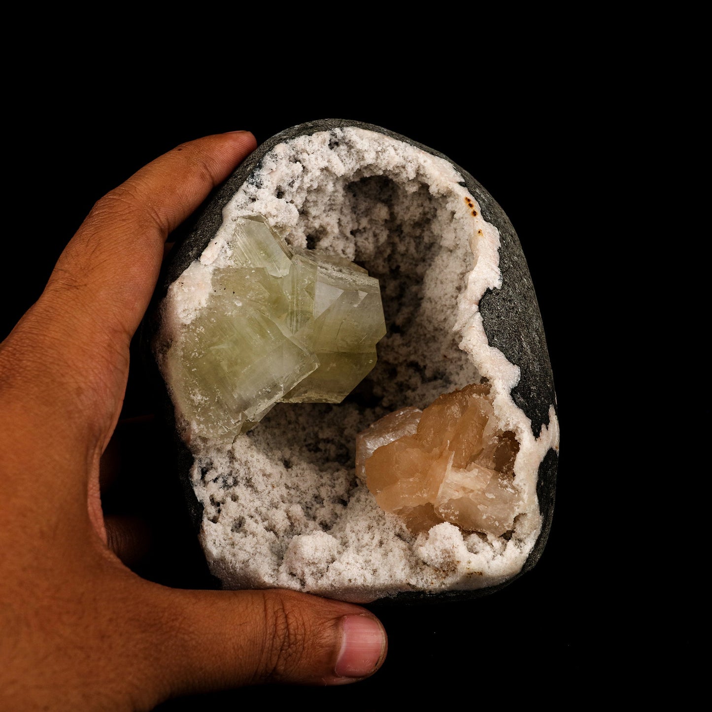 Green Apophyllite Cube with Stilbite geode Self Standing Natural Mineral Specimen # B 6263 Apophyllite Superb Minerals