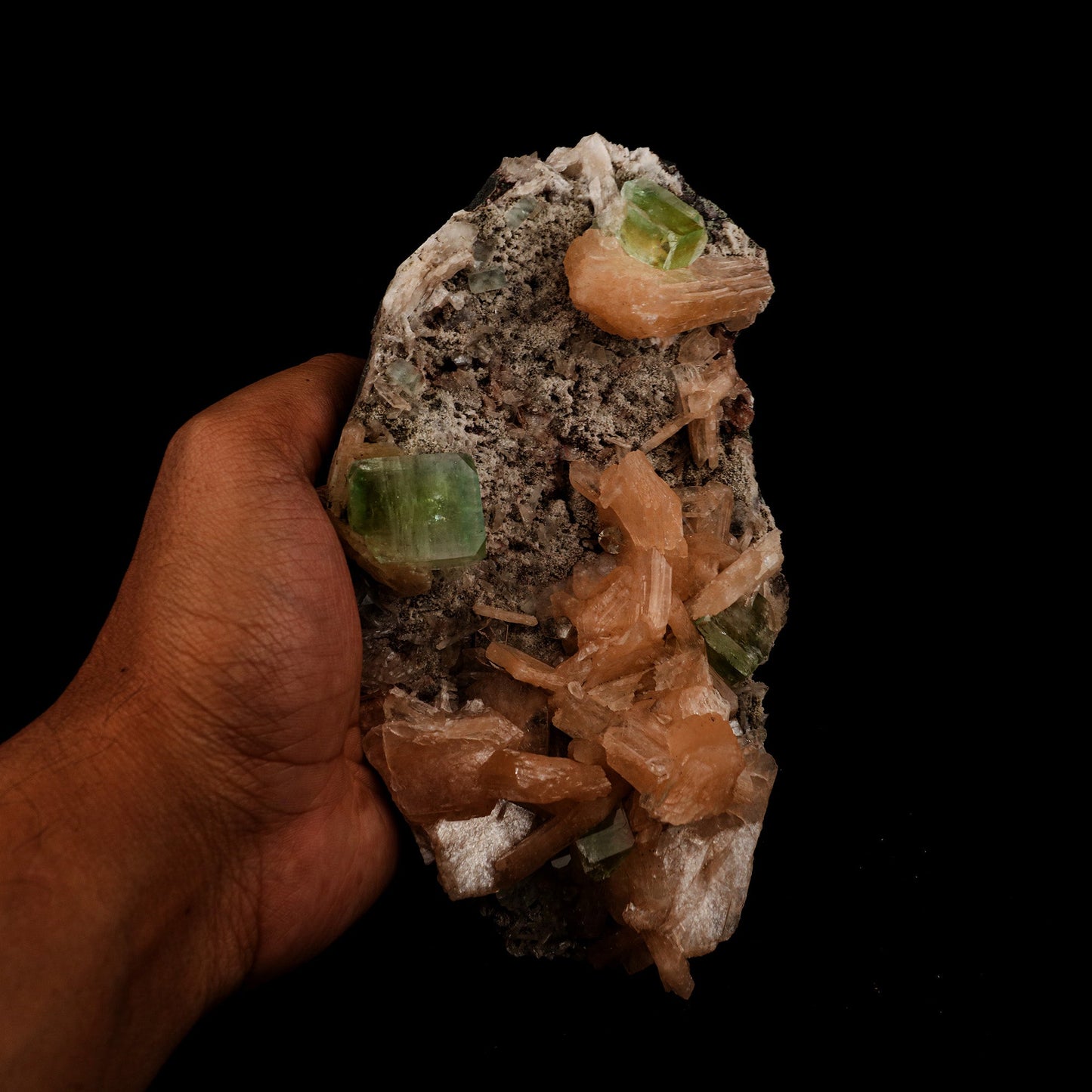 Green Apophyllite with Stilbite Natural Mineral Specimen # B 5090 https://www.superbminerals.us/products/green-apophyllite-with-stilbite-natural-mineral-specimen-b-5090 Features: A very aesthetic piece featuring a matrix densely coated with miniature, beige Stilbite crystals with a cluster of lustrous, larger light-beige Stilbite crystals at the base, all hosting a crown of transparent, mint-green Apophyllite pseudocubic (rectangular) crystals. Great contrast, color, symmetry