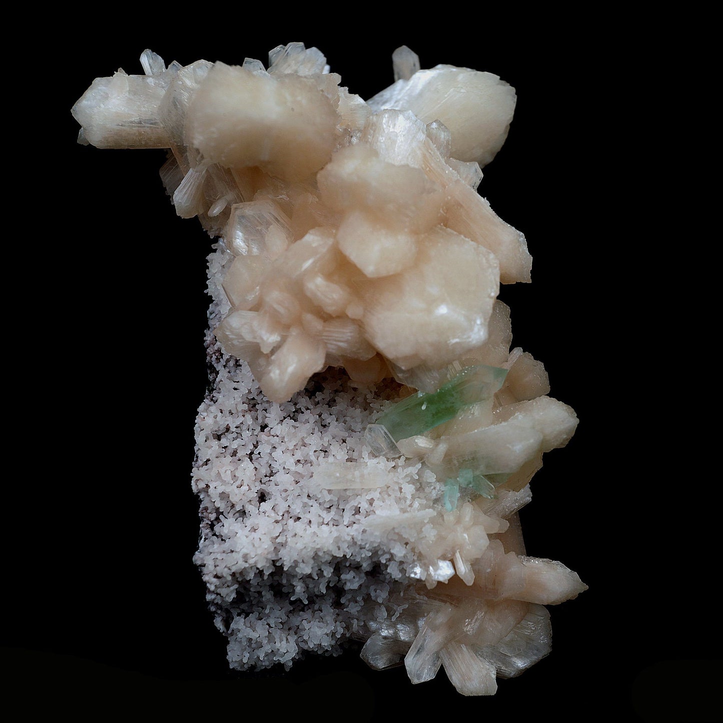 Green Apophyllite with Stilbite on Chalcedony Natural Mineral Specimen… https://www.superbminerals.us/products/green-apophyllite-with-stilbite-on-chalcedony-natural-mineral-specimen-b-4117 Features:The specimen consists of striking, strongly lustrous, transparent and gem, rich green Apophyllite crystals growing in a beautiful spray. The quality of the Apophyllite is tremendous - transparent, limpid, perfect sharp pyramidal terminations and water clear. Small Stilbite crystals are seen too.