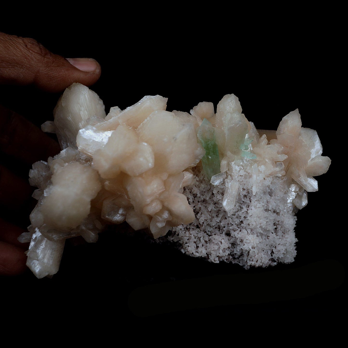 Green Apophyllite with Stilbite on Chalcedony Natural Mineral Specimen… https://www.superbminerals.us/products/green-apophyllite-with-stilbite-on-chalcedony-natural-mineral-specimen-b-4117 Features:The specimen consists of striking, strongly lustrous, transparent and gem, rich green Apophyllite crystals growing in a beautiful spray. The quality of the Apophyllite is tremendous - transparent, limpid, perfect sharp pyramidal terminations and water clear. Small Stilbite crystals are seen too.