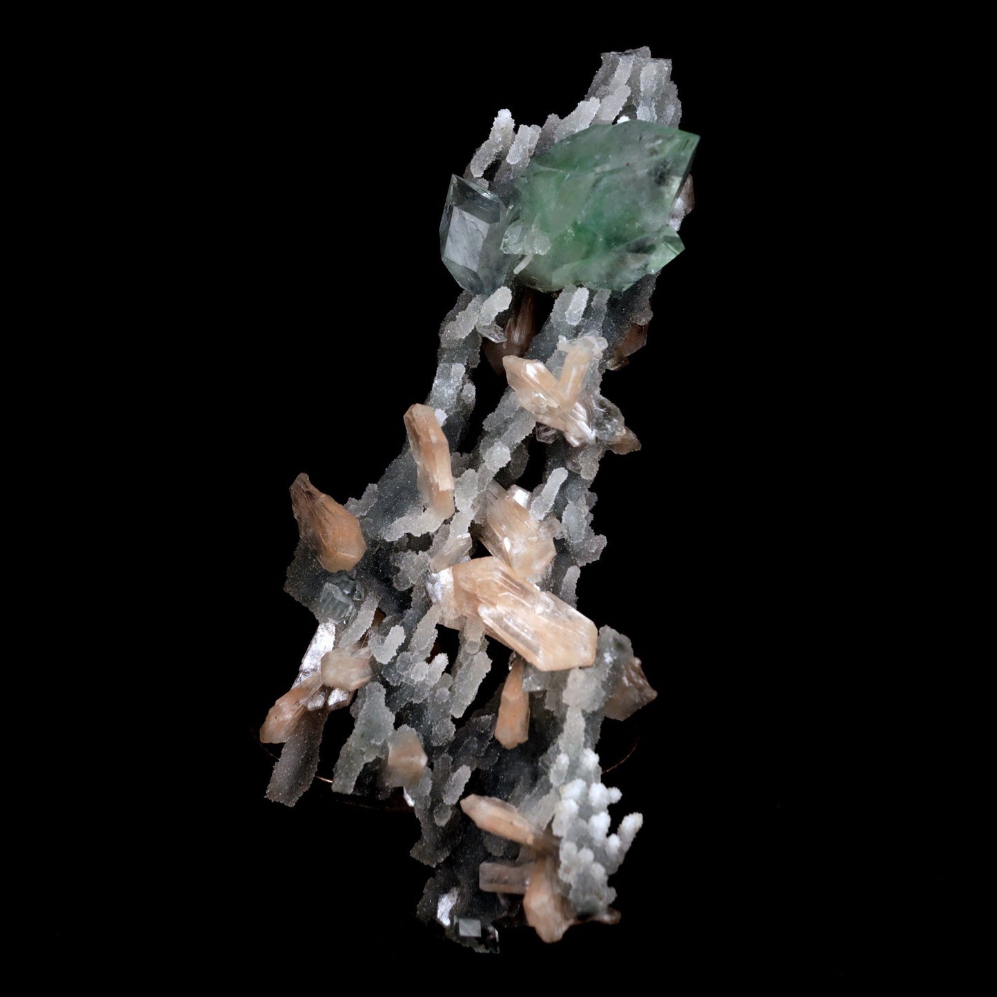 Green Apophyllite with Stilbite on Chalcedony Stalactite Natural Miner… https://www.superbminerals.us/products/green-apophyllite-with-stilbite-on-chalcedony-stalactite-natural-mineral-specimen-b-4841 Features: Apophyllite crystals are glossy and crisp, with tiny bladed white Stilbite on pastel purplish Chalcedony stalactites on matrix in this great show specimen. Fantastic condition
