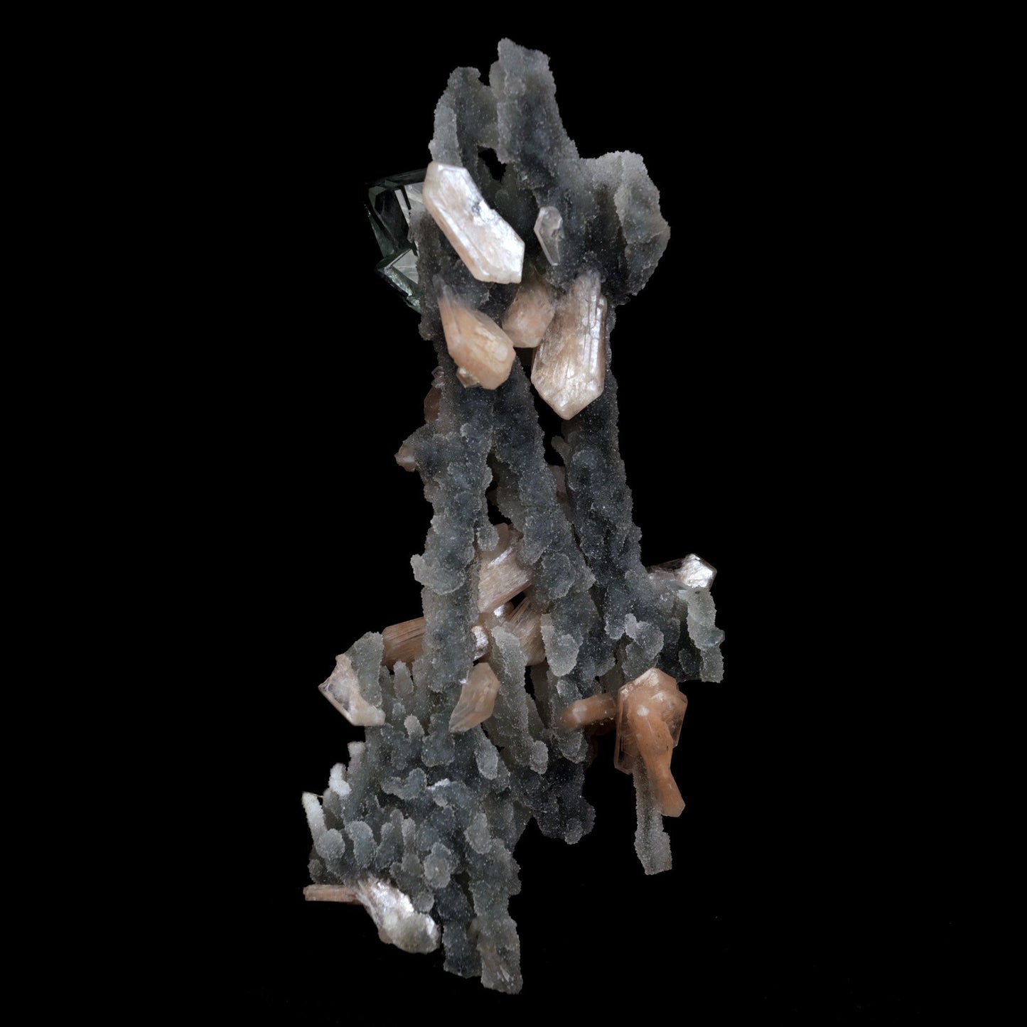 Green Apophyllite with Stilbite on Chalcedony Stalactite Natural Miner… https://www.superbminerals.us/products/green-apophyllite-with-stilbite-on-chalcedony-stalactite-natural-mineral-specimen-b-4841 Features: Apophyllite crystals are glossy and crisp, with tiny bladed white Stilbite on pastel purplish Chalcedony stalactites on matrix in this great show specimen. Fantastic condition