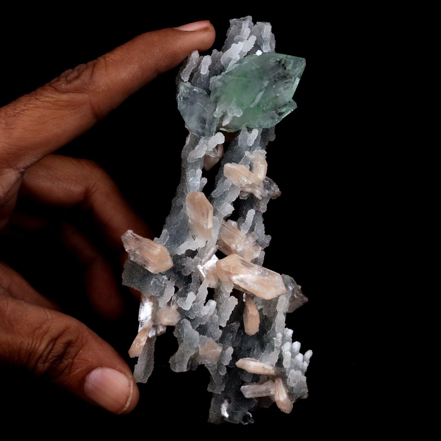 Green Apophyllite with Stilbite on Chalcedony Stalactite Natural Miner… https://www.superbminerals.us/products/green-apophyllite-with-stilbite-on-chalcedony-stalactite-natural-mineral-specimen-b-4841 Features: Apophyllite crystals are glossy and crisp, with tiny bladed white Stilbite on pastel purplish Chalcedony stalactites on matrix in this great show specimen. Fantastic condition