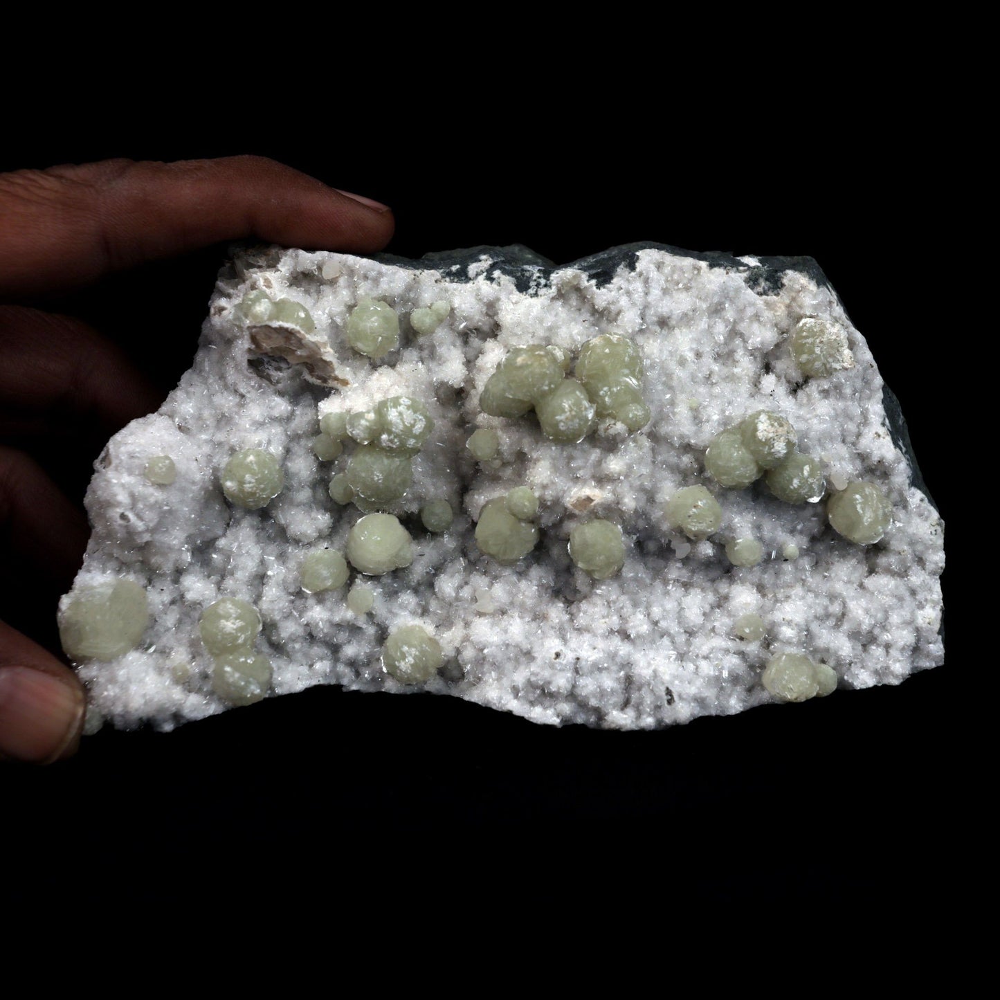 Gyrolite Balls on Chalcedony Natural Mineral Specimen # B 4898  https://www.superbminerals.us/products/gyrolite-balls-on-chalcedony-natural-mineral-specimen-b-4898  Features: Magnificent gyrolite balls scattered throughout a chalcedony matrix.extremely interesting item to have in one's collection Primary Mineral(s): GyroliteSecondary Mineral(s): N/AMatrix: Chalcedony