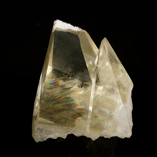 Calcite with champagne color, supreme clarity, and rainbows from light refraction. Museum quality natural specimen discovered near Jalgaon, accidentally, in a well pocket being drilled on farmland.
