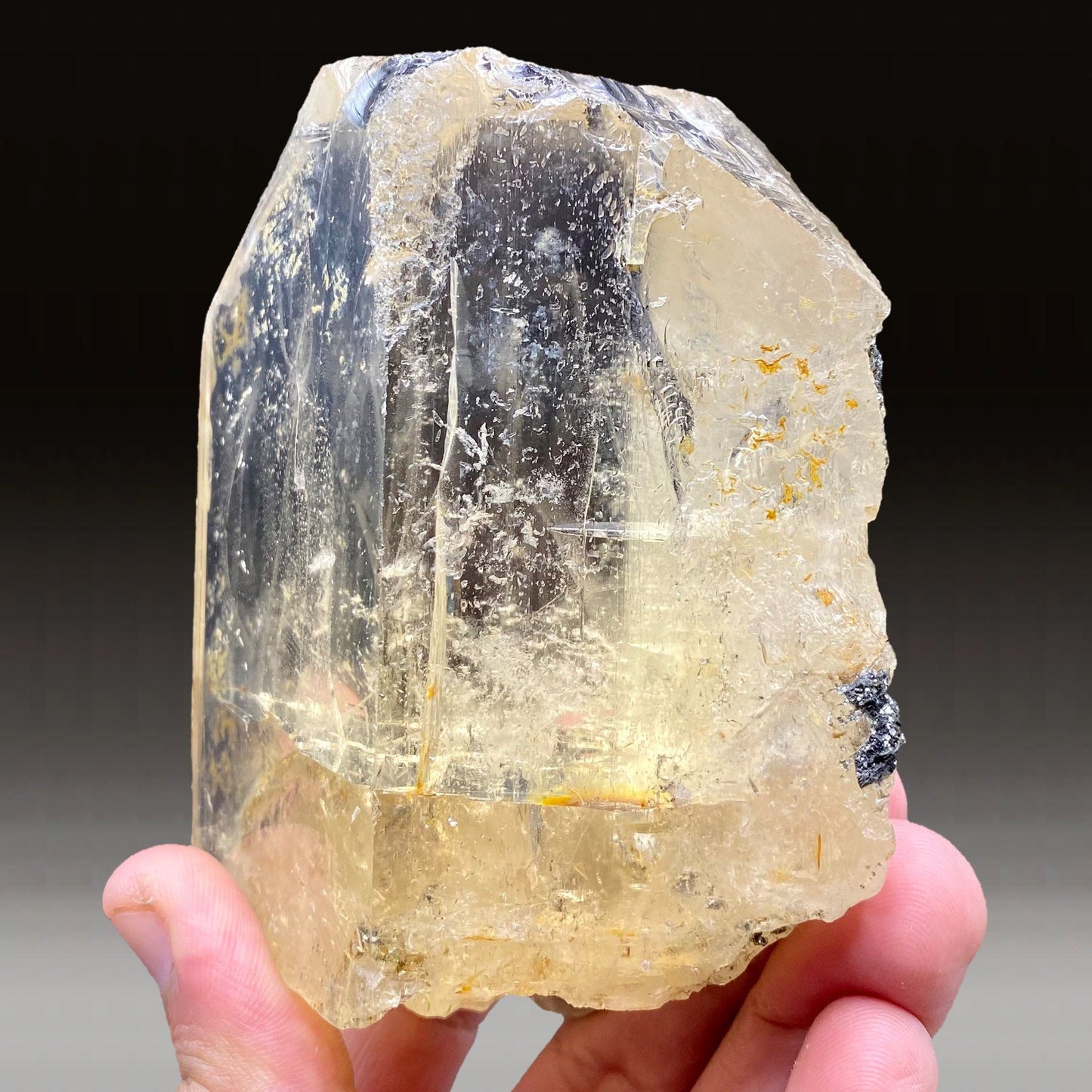 Imperial Topaz # Q7  https://www.superbminerals.us/products/imperial-topaz-q7  Features:Superb 9 Cm crystal of Topaz from this less common locality - Southern India. Imperial Topaz with rich color, clear and gem. It has vivid sherry-orange color. The crystal is strongly lustrous and glassy. It is perfectly terminated with like faceted faces. In superb condition. Splendid gem!