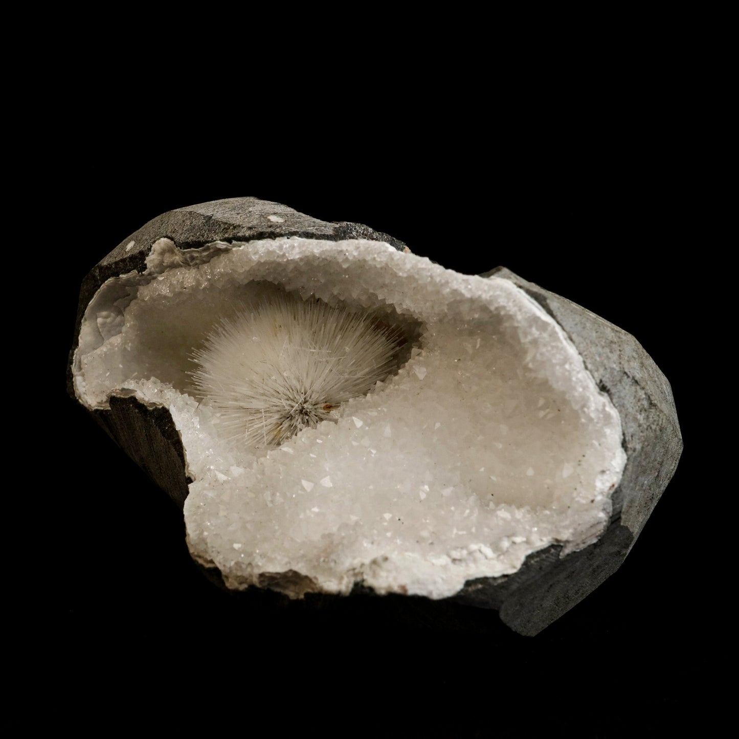 Mesolite Porcupine Spray inside MM Quartz Geode Natural Mineral Speci… https://www.superbminerals.us/products/mesolite-porcupine-spray-inside-mm-quartz-geode-natural-mineral-specimen-b-5055 Features: Very fine Mesolite needle-like soft threads are in the geode of quartz. A beautiful blend of small crystals of shiny quartz and black geode. Primary Mineral(s): MesoliteSecondary Mineral(s): N/AMatrix: N/A 4 Inch x 2.5 InchWeight : 521 GmsLocality: Pune, Maharashtra, India Year of Discovery: 2021