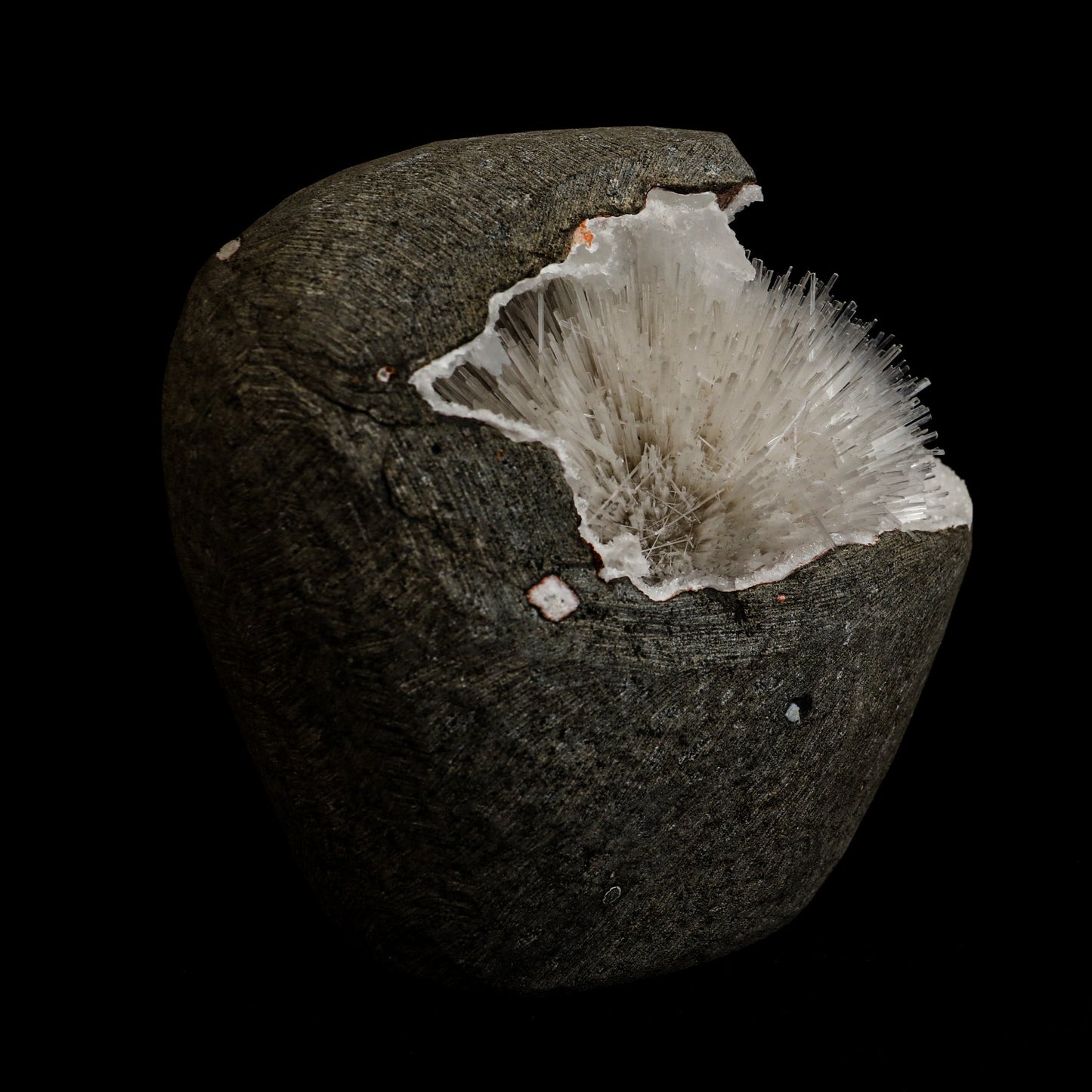 Mesolite Sphere Sprays Inside MM Quartz Geode Natural Mineral Specimen… https://www.superbminerals.us/products/mesolite-sphere-sprays-inside-mm-quartz-geode-natural-mineral-specimen-b-5063 Features: An impressive and very rich large hemispherical porcupine quill spray of glassy mesolite needles is aesthetically set inside geode of MM Quartz basalt matrix covered with contrasting frosted, tetragonal, mint-green apophyllite crystals on this very fine combination from the well-known quarries of the Pune