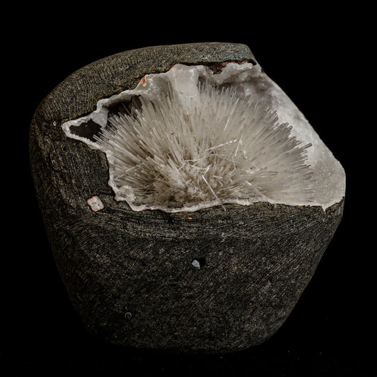 Mesolite Sphere Sprays Inside MM Quartz Geode Natural Mineral Specimen…  https://www.superbminerals.us/products/mesolite-sphere-sprays-inside-mm-quartz-geode-natural-mineral-specimen-b-5063  Features: An impressive and very rich large hemispherical porcupine quill spray of glassy mesolite needles is aesthetically set inside geode of MM Quartz basalt matrix covered with contrasting frosted, tetragonal, mint-green apophyllite crystals on this very fine combination from the well-known quarries of the Pune