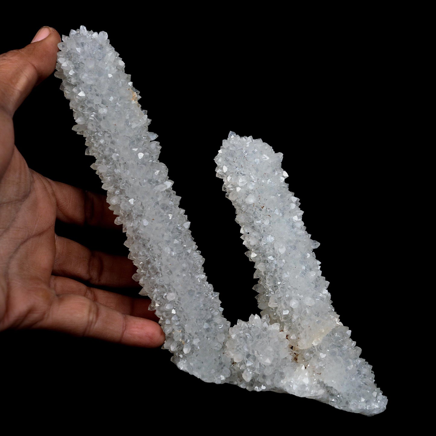 MM Quartz Sparkling Twin Stalactites Geode Natural Mineral Specimen #… https://www.superbminerals.us/products/mm-quartz-sparkling-twin-stalactites-geode-natural-mineral-specimen-b-4623 Features: A very aesthetic specimen of transparent clear Quartz crystals completely covering all sides of a high stalactites as well as two smaller adjoining stalactites, making for great symmetry. A beautiful showy piece in excellent condition.Primary Mineral(s): MM Quartz