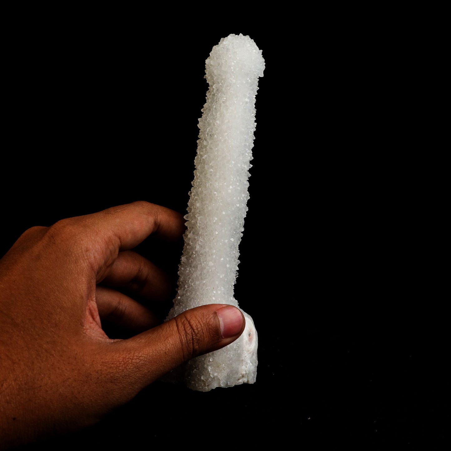 MM Quartz Stalactite Natural Mineral Specimen # B 5029 https://www.superbminerals.us/products/mm-quartz-stalactite-natural-mineral-specimen-b-5029 Features: Natural manufactured MM Quartz Stalactite from Nashik, India.This sculpture is self-standing and will look amazing in any collection, exhibition, or alter. Primary Mineral(s): MM QuartzSecondary Mineral(s): N/AMatrix: N/A 7 Inch x 2 InchWeight : 295 GmsLocality: Nashik, Maharashtra,