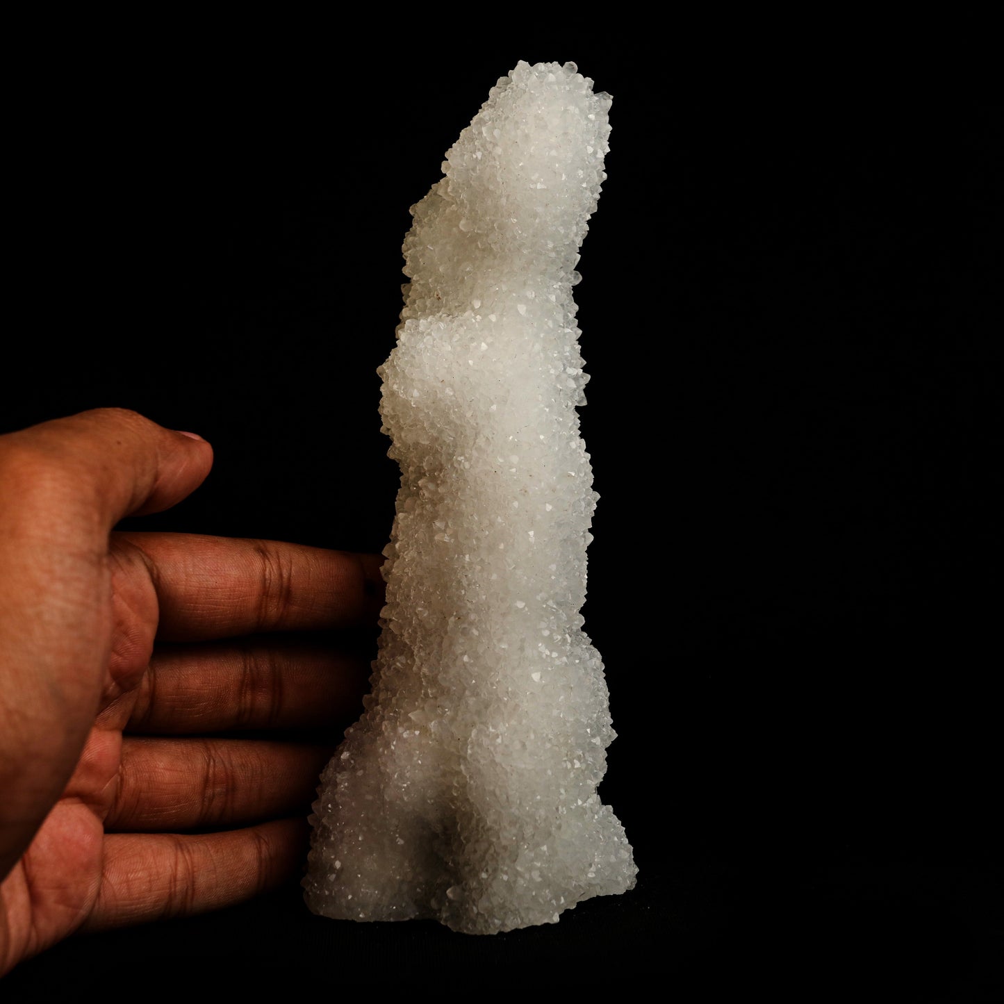 MM Quartz Stalactite Sprakling! Natural Mineral Specimen # B 5038 https://www.superbminerals.us/products/mm-quartz-stalactite-sprakling-natural-mineral-specimen-b-5038 Features: A extremely attractive specimen of pure clear Quartz crystals that completely cover all sides of a 7Inch high stalactite as well as two smaller neighbouring stalactites, resulting in excellent symmetry.A stunning showpiece in superb condition. Primary Mineral(s): MM Quartz
