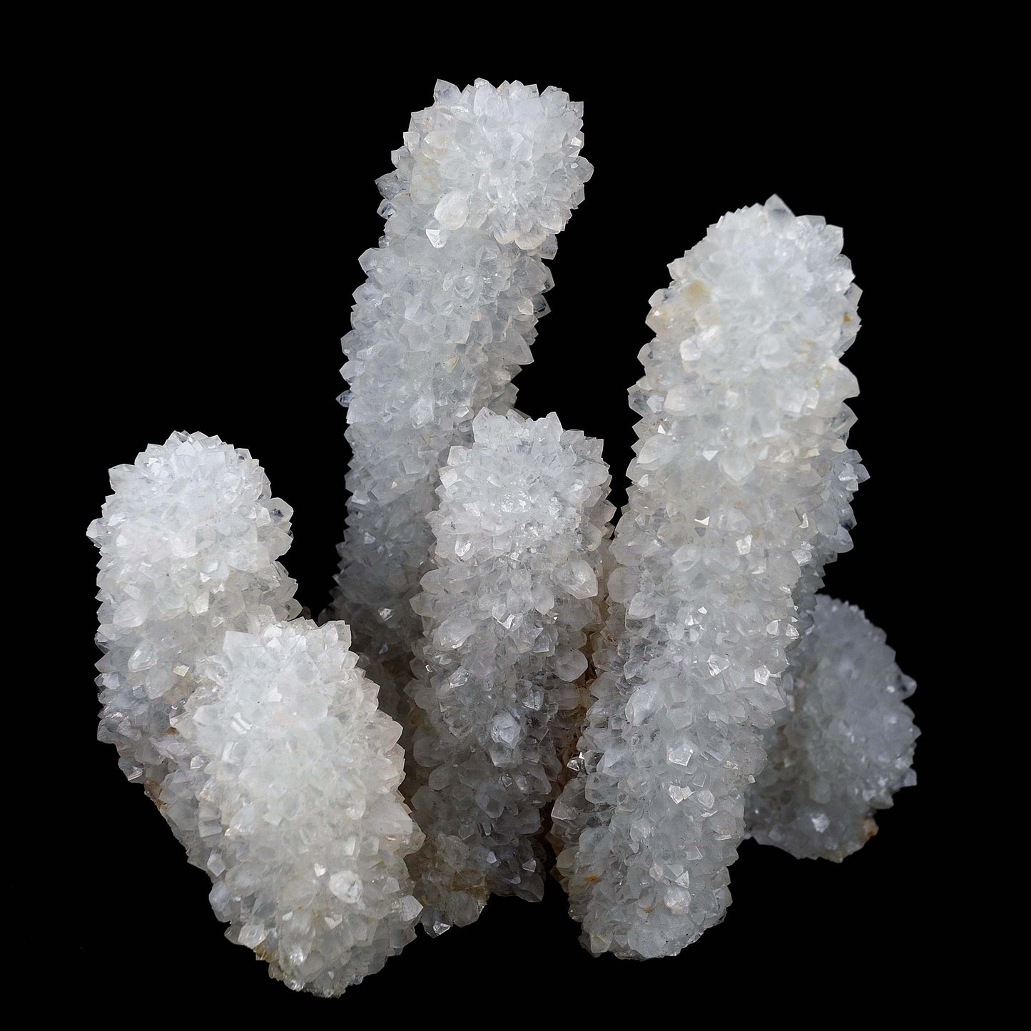 MM Quartz Stalactites Towering Formation Natural Mineral Specimen # B … https://www.superbminerals.us/products/mm-quartz-stalactites-towering-formation-natural-mineral-specimen-b-3975 Features A very aesthetic specimen of transparent clear Quartz crystals completely covering all sides of a 12 cm high stalactites as well as two smaller adjoining stalactites, making for great symmetry. A beautiful showy piece in excellent condition. Primary Mineral(s): MM Quartz