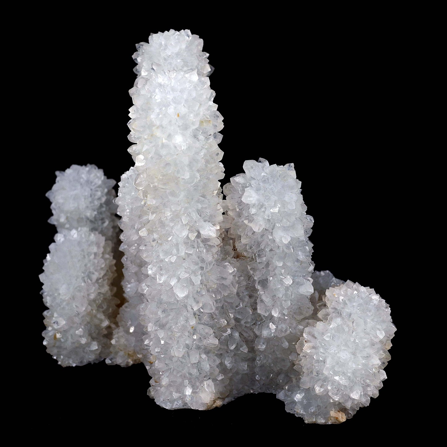 MM Quartz Stalactites Towering Formation Natural Mineral Specimen # B … https://www.superbminerals.us/products/mm-quartz-stalactites-towering-formation-natural-mineral-specimen-b-3975 Features A very aesthetic specimen of transparent clear Quartz crystals completely covering all sides of a 12 cm high stalactites as well as two smaller adjoining stalactites, making for great symmetry. A beautiful showy piece in excellent condition. Primary Mineral(s): MM Quartz