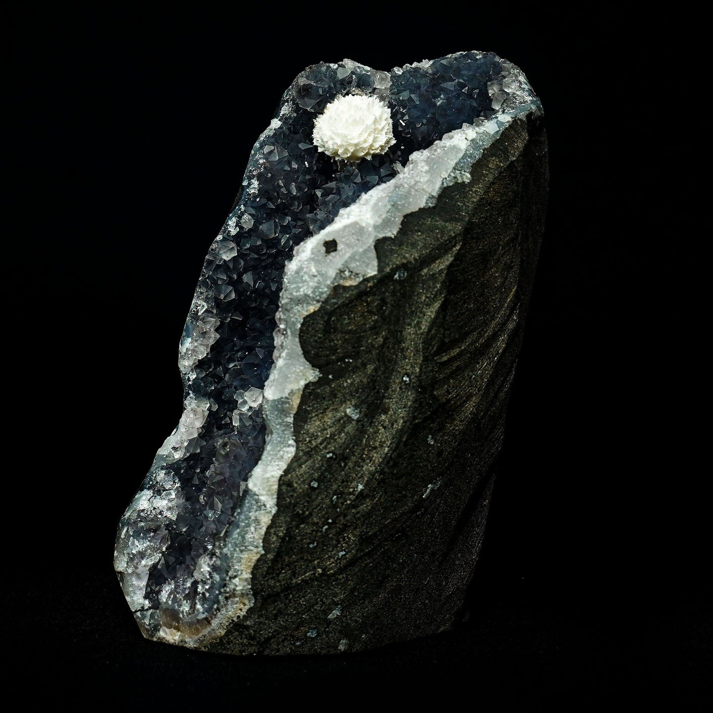 Mordenite Ball At Top MM Quartz Geode Natural Mineral Specimen # B 49… https://www.superbminerals.us/products/mordenite-ball-at-top-mm-quartz-geode-natural-mineral-specimen-b-4949 Features:Mordenite ball crystals are nicely distributed across the MM Quartz pocket, giving the specimen fine balance to go along with the beautiful contrast in color. The Mordenites are well-defined,