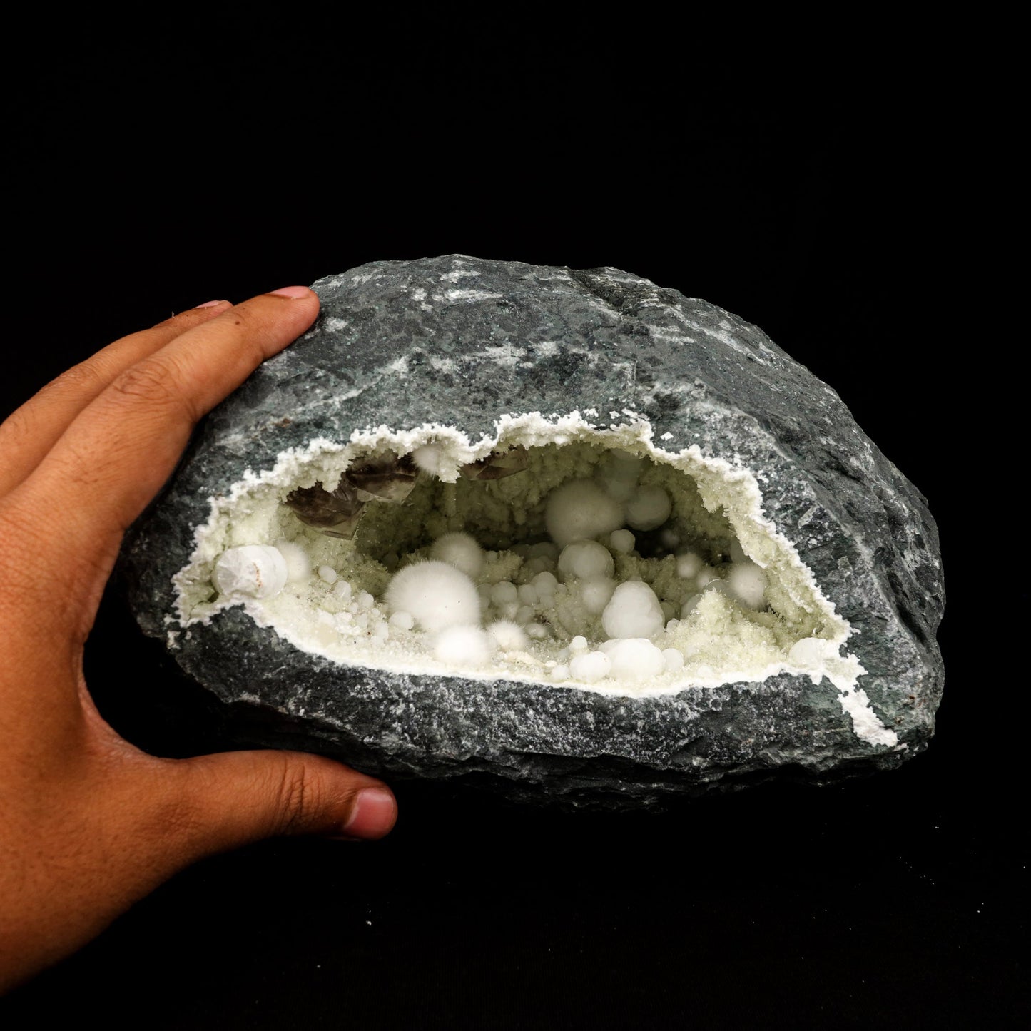 Okenite Big Puffballs with calcite Inside Gyrolite Geode Natural Mineral Specimen # B 5865 Okenite Superb Minerals 