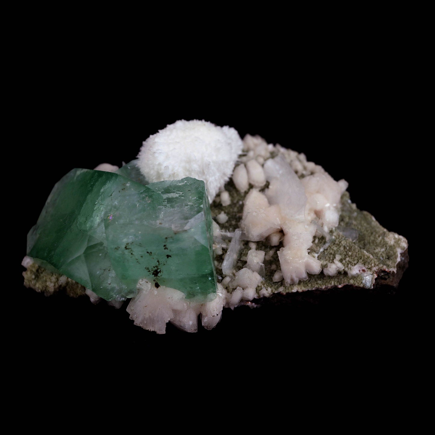 Pesudo Green Apophyllite with Mordenite Stilbite Natural Mineral Speci… https://www.superbminerals.us/products/pesudo-green-apophyllite-with-mordenite-stilbite-natural-mineral-specimen-b-4602 Features:The gemmy and glossy light mint-green apophyllite crystals on this extremely attractive specimen from Jalgaon are complemented with snow-white spikeballs of brittle mordenite needles. Atop the green, some of the apophyllite crystal terminations became colourless. This is a reasonably rare and exceptional