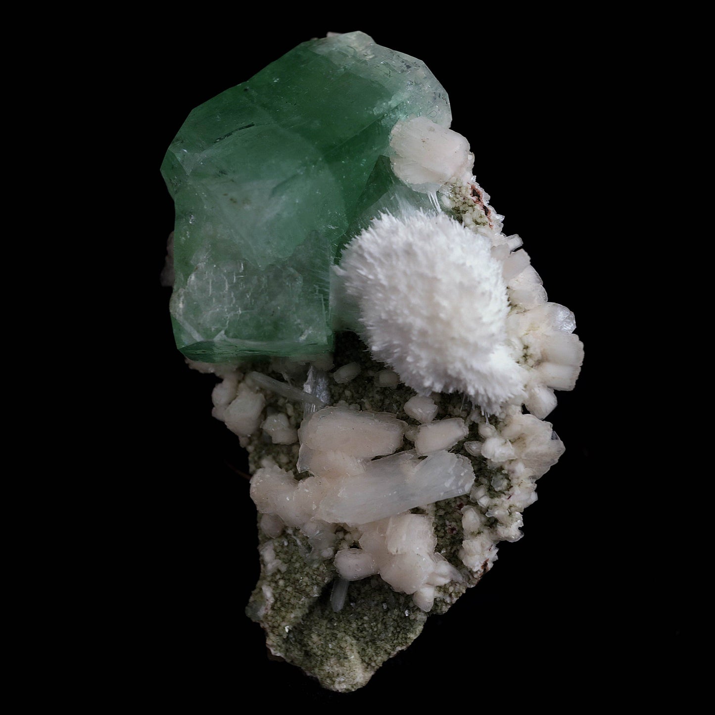 Pesudo Green Apophyllite with Mordenite Stilbite Natural Mineral Speci… https://www.superbminerals.us/products/pesudo-green-apophyllite-with-mordenite-stilbite-natural-mineral-specimen-b-4602 Features:The gemmy and glossy light mint-green apophyllite crystals on this extremely attractive specimen from Jalgaon are complemented with snow-white spikeballs of brittle mordenite needles. Atop the green, some of the apophyllite crystal terminations became colourless. This is a reasonably rare and exceptional