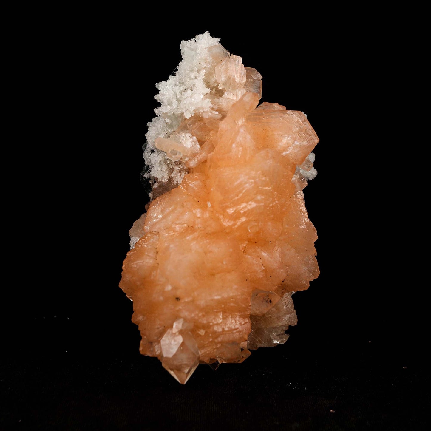 Pink Stilbite Cluster on Chalcedony Natural Mineral Specimen # B 5181 https://www.superbminerals.us/products/pink-stilbite-cluster-on-chalcedony-natural-mineral-specimen-b-5181 Features: Transparent green apophyllite crystals long with lustrous crystal faces and steep pyramidal terminations on matrix coated with lustrous peach-baggie coloured Stilbite crystals of varying sizes. Primary Mineral(s): Stilbite Secondary Mineral(s): N/AMatrix: Chalcedony 5 Inch x 3 InchWeight : 298