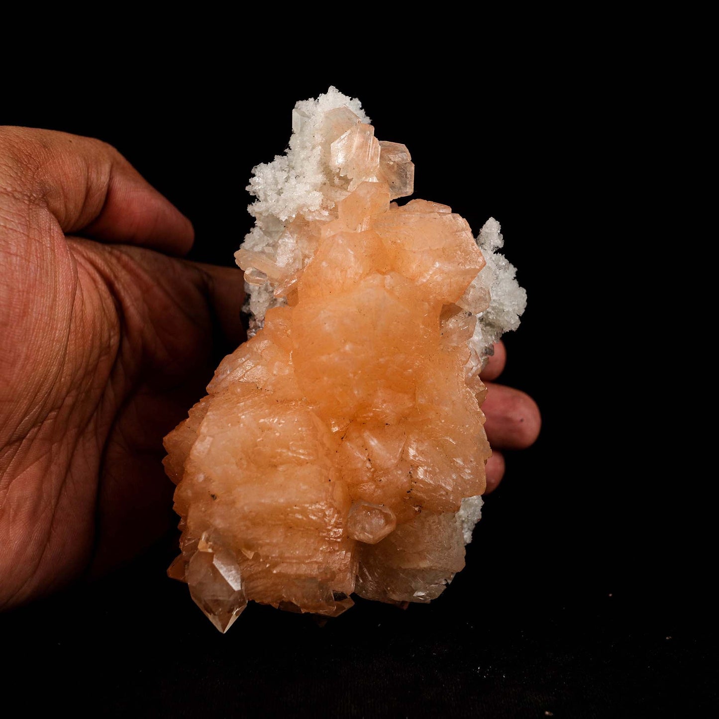 Pink Stilbite Cluster on Chalcedony Natural Mineral Specimen # B 5181 https://www.superbminerals.us/products/pink-stilbite-cluster-on-chalcedony-natural-mineral-specimen-b-5181 Features: Transparent green apophyllite crystals long with lustrous crystal faces and steep pyramidal terminations on matrix coated with lustrous peach-baggie coloured Stilbite crystals of varying sizes. Primary Mineral(s): Stilbite Secondary Mineral(s): N/AMatrix: Chalcedony 5 Inch x 3 InchWeight : 298