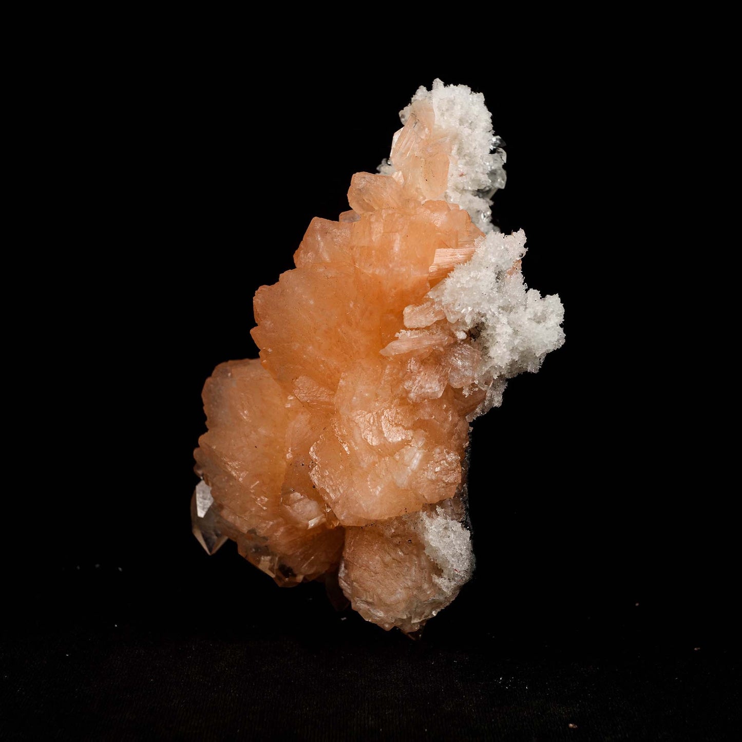 Pink Stilbite Cluster on Chalcedony Natural Mineral Specimen # B 5181 https://www.superbminerals.us/products/pink-stilbite-cluster-on-chalcedony-natural-mineral-specimen-b-5181 Features: Transparent green apophyllite crystals long with lustrous crystal faces and steep pyramidal terminations on matrix coated with lustrous peach-baggie coloured Stilbite crystals of varying sizes. Primary Mineral(s): Stilbite Secondary Mineral(s): N/AMatrix: Chalcedony 5 Inch x 3 InchWeight : 298