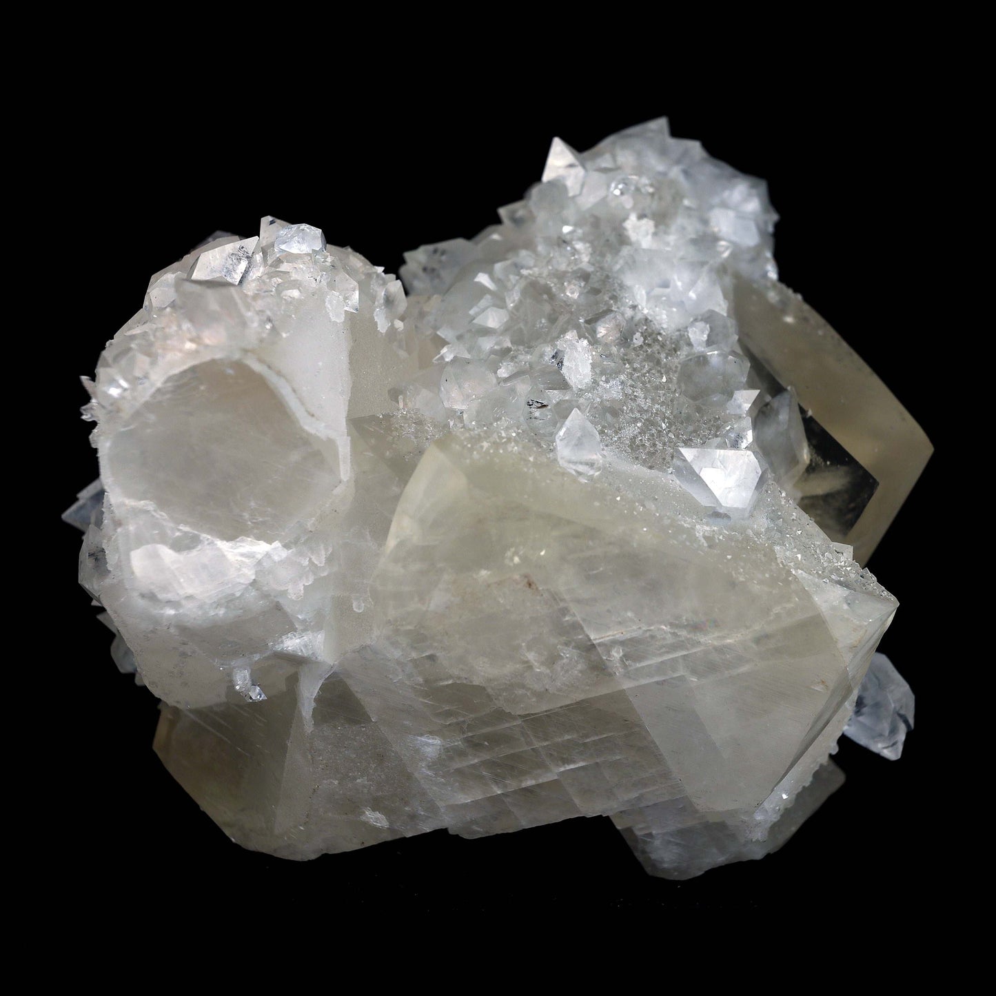 Pseudo Calcite with Apophyllite Natural Mineral Specimen # B 4632  https://www.superbminerals.us/products/pseudo-calcite-with-apophyllite-natural-mineral-specimen-b-4632  Features: Truly exceptional combination piece with with one of the finest Indian Calcites, lustrous Apophyllite. The centerpiece Calcite is a stunning on the front edge, with superb luster and excellent gemminess. The front edge is also the main twinning plane. What makes the Calcite itself even more exceptional 
