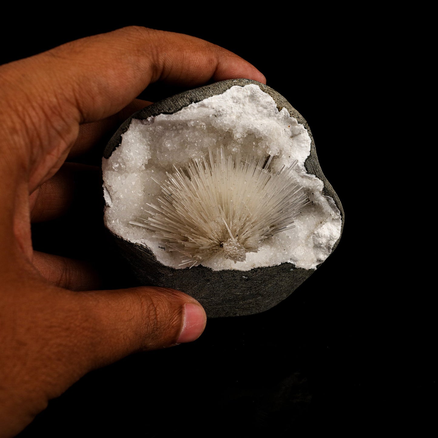 Scolecite Spray Inside MM Quartz Geode Natural Mineral Specimen # B 6330 Scolecite Superb Minerals