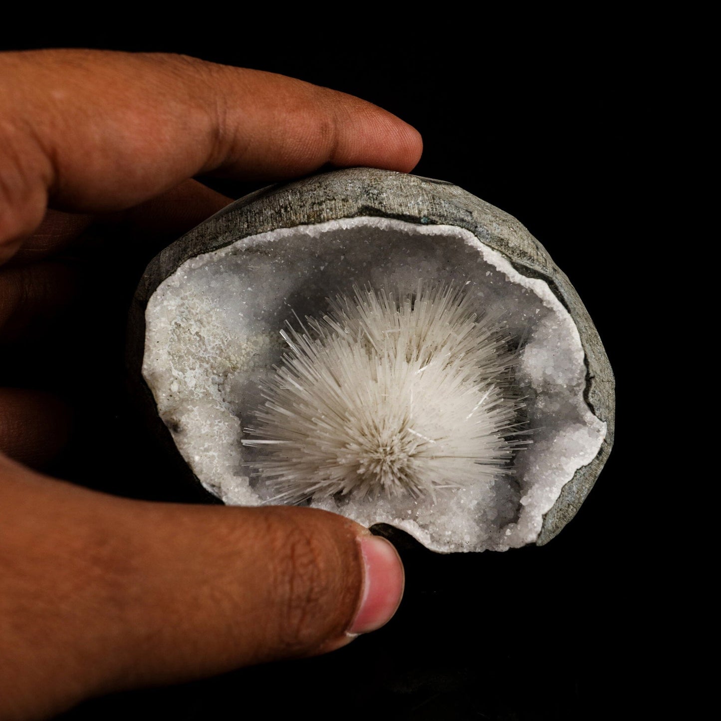 Scolecite Spray Inside MM Quartz Geode Natural Mineral Specimen # B 6565 Scolecite Superb Minerals 